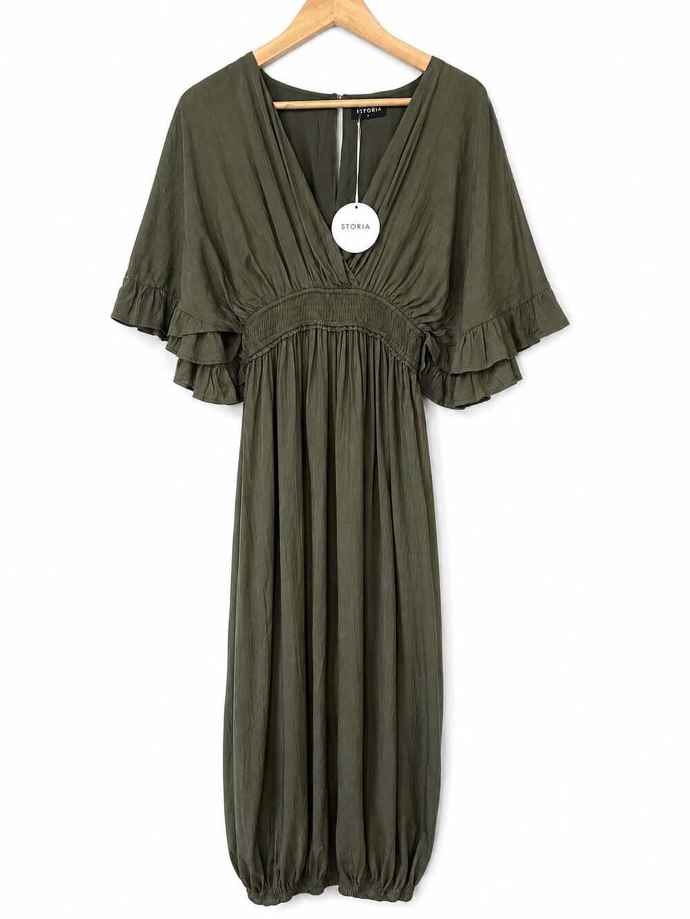 STORIA Olive Green V-Neck Smocked Waist Ruffle Flutter Sleeve Jumpsuit Size S